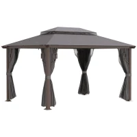 Outsunny Pavillon Gartenpavillon 4 x 3 m Gartenzelt Festzelt Partyzelt mit 4 x Seitenteile 4 x Moskitonetz atmungsaktivem Doppeldach Metall Polyester Braun+Dunkelgrau(m-1)