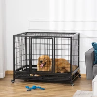 PawHut Jaula de Metal para Perros 109x76x87 cm Perrera Metálico con Ruedas y Frenos Bandeja Extraíble y Puerta con Pestillo para Golden Retriver Labrador Negro(m-2)