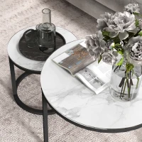 HOMCOM Glass Coffee Table Set of 2, Round Nest of Tables with Marble-Effect Tempered Glass Tabletop and Steel Frame, Modern Side Tables for Living Room, White(m-8)