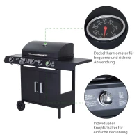 Outsunny Gasgrill 14,4 KW Grillwagen inkl 5 Edelstahl-Brenner Thermometer Kochplatte Flaschenöffner Seitenablagen,BBQ Gartengrill für Balkon 60 x 42 x 103 cm(m-5)