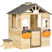 Outsunny Wooden Playhouse for Kids Outdoor Wendy House with Door, windows, Bench, Service Stations, Flowerpot Holder, For Ages 3-7 Years(m-1)
