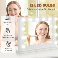 HOMCOM Hollywood Spiegel mit Beleuchtung, Touch-Steuerung, Memory-Funktion, 12 dimmbare LED-Lampen, weiß, 80 x 60 cm(m-4)