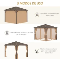 Outsunny Cenador de Jardín 3x3 m Marco de Aluminio con 4 Cortinas Laterales 4 Mosquiteras y Gancho para Lámpara Marrón(m-5)