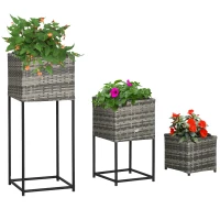 Outsunny Hochbeet, Stufendesign, drei Pflanzkästen, Rattanoptik, separat nutzbar, Stahlrahmen, grau(m-10)