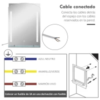 kleankin Espejo de Baño con Luces LED 70x50 cm Interruptor Táctil Iluminación Regulable y Estante de Vidrio Plata(m-6)