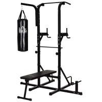 HOMCOM Kraftstation mit Klimmzugstange, Multifunktionale Dip-Station, Trainings-Gerät für Zuhause, mit Boxsack, Fitness, Stahl, Schwarz, 180 x 183 x 219 cm(m-10)