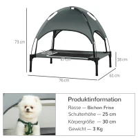 PawHut Erhöhtes Hundebett mit Baldachin, Haustierbett, Hundeliege outdoor mit Dach, Atmungsaktiv, Taftstoff für Camping Grau 76 x 61 x 73 cm(m-3)