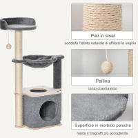 PawHut Albero Tiragraffi per Gatti Alto 95cm, Palestra per Gatti di Multilivelli con Casetta, Amaca, Pallina da Gioco, Cuccia e Corde in Sisal, 48x34x95cm, Grigio(m-6)
