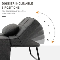 HOMCOM Chauffeuse 1 place 4 en 1 Fauteuil lit Convertible Pouf Dossier inclinable 5 Niveaux Repose-Pied Rabattable, Charge 200 Kg, châssis métal et Tissu Lin gris(m-6)