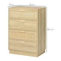 HOMCOM Chest of Four Rattan Weave Panel Drawers - Wood-Effect(m-3)