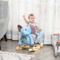 HOMCOM 2 In 1 Plush Baby Ride on Rocking Horse Elephant Rocker with Wheels Wooden Toy for Kids 32 Songs for 18+ Months (Blue)(m-2)