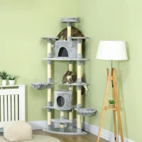 PawHut Arbre à chat XXL arbre à grimper pour chat multi-équipements griffoirs 6 plate-formes 2 niches hauteur 200 cm gris(m-2)