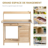 Outsunny Table de rempotage table de jardinage avec 2 étagères, tiroir, placard, plateau tôle acier galvanisé avec rebord, 3 crochets - table de plantation bois sapin(m-5)