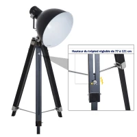 HOMCOM Lampadaire trépied style industriel hauteur réglable abat-jour ajustable E27 40W max. 65 x 65 x 108-152 cm bois métal noir et blanc(m-5)