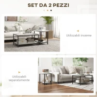 HOMCOM Set 2 Tavolini da Caffè a 2 Livelli in Truciolato e Acciaio con Piano d'Appoggio Effetto Marmo, Bianco e Nero(m-4)