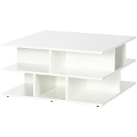 HOMCOM Mesa de Centro Cuadrada Moderna con Múltiples Estantes para Salón Oficina Dormitorio Estudio 70x70x36,5 cm Blanco(m-10)