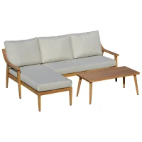 Outsunny Gartenmöbel Set für 3 Personen mit Chaiselongue Doppelsofa Tisch Natur(m-1)