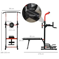 HOMCOM Power Tower Dip Station Büro Fitnesscenter multifunktionale Kraftstation höhenverstellbar täglich Training klappbar Rückenbrett Stahl PP PVC Schwarz+Rot 94 x 174 x 180-230 cm(m-3)