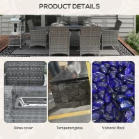 Outsunny 7 Pieces Outdoor Rattan Garden Furniture with Fire Pit Table, 6 Seater Garden Table and Chairs with Cushions, Rattan Dining Set with Propane Heater Table, Windscreen, 50,000 BTU, Grey(m-7)