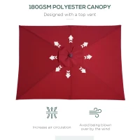 Outsunny 2m x 1.5m Garden Parasol Umbrella with Tilting Sunshade Canopy, Outdoor Market Table Umbrella with Wood and Bamboo Frame, Wine Red(m-5)