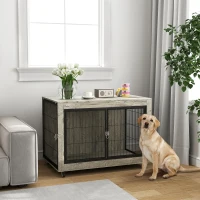 PawHut Dog Crate Furniture with Wheels, Double Doors, for Large Dogs, 100 x 60 x 73.5cm, Grey(m-10)