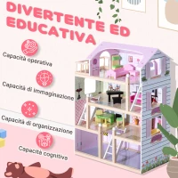 HOMCOM Casa delle Bambole per Bambini 3+ Anni in Legno di Pino e MDF a 4 Piani con 13 Accessori, Rosa, 60x30x80 cm(m-5)