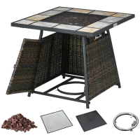 Outsunny Square Outdoor PE Rattan Fire Pit Table Gas Burner Heater w/ Control Panel, Slate Top, Lid and Lava Rocks, 50,000 BTU(m-11)