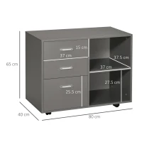 HOMCOM Freestanding Printer Stand Unit Office Desk Side Mobile Storage w/ Wheels 3 Drawers, 2 Open Shelves Modern Style 80L x 40W x 65H cm - Grey(m-3)