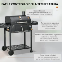 Outsunny Barbecue a Carbone con Coperchio con Termometro, Griglia Regolabile, Ruote e Tavolini, Nero(m-5)