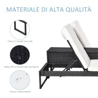 Outsunny 3pz Componibile 2 Lettinio Prendisole da Giardino(60 x 195 x 86cm) e 1 Tavolino (121 x 40 x 50cm) Rattan con Materassini, Nero e Bianco Crema(m-7)