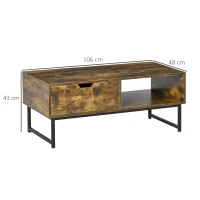 HOMCOM Industrial Coffee Table, Centre Table with Storage Shelf, Drawer and Metal Frame, Coffee Tables for Living Room, Office, 106W x 48D x 43H cm, Rustic Brown(m-3)