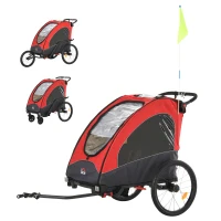 HOMCOM Remolque Infantil 3 en 1 para Bicicleta Carrito para Correr de 2 Plazas para Niños de +6 Meses Plegable Ruedas Giratorias y Manillar Ajustable 150x85x107 cm Rojo(m-1)