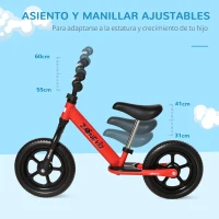 HOMCOM Bicicleta sin Pedales para Niños de +2 Años con Sillín Ajustable de 31-41 cm y Manillar Regulable Bicicleta de Equilibrio Infantil con Ruedas de 12" 89x37x55-60 cm Rojo(m-4)