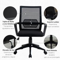 Vinsetto Silla de Oficina Ergonómica Silla de Escritorio Giratoria para Adolescentes Ajustable en Altura con Reposabrazos y Soporte Lumbar Tejido Transpirable 61x58,5x89-99 cm Negro(m-7)