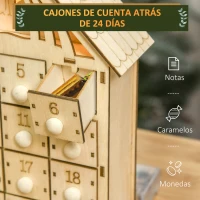 HOMCOM Calendario de Adviento de Madera con Luces Calendario de Navidad con 24 Cajas de Cuenta Regresiva 26,6x6x30 cm Natural(m-5)