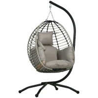 Outsunny Silla Colgante con Soporte Cesta Plegable Cojín y Reposacabezas para Interior y Exterior Carga 120 kg Gris y Negro(m-1)