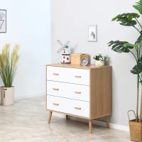 HOMCOM Commode Design scandinave sur Pieds 3 tiroirs coulissants Pieds effilés inclinés Panneaux Particules Blanc Aspect Bois Clair(m-7)