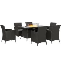 Outsunny 7 Pieces Outdoor Rattan Garden Furniture with Fire Pit Table, 6 Seater Garden Table and Chairs with Cushions, Rattan Dining Set with Propane Heater Table, Windscreen, 50,000 BTU, Black(m-1)