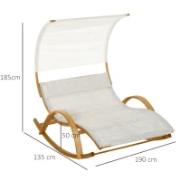 Outsunny Bain de Soleil transat de jardin chaise longue en bois Design à Bascule 2 pers. tétière & Pare-Soleil Inclus Bois pin pré-huilé textilène dim. 190L x 135l x 185H cm crème chiné(m-3)