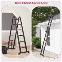HOMCOM Escalera de Aluminio Plegable 2 Formas de Uso con 12 Escalones Antideslizantes Carga 150 kg 379x67,5x11 cm Negro y Rojo(m-4)
