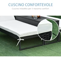 Outsunny 3pz Componibile 2 Lettinio Prendisole da Giardino(60 x 195 x 86cm) e 1 Tavolino (121 x 40 x 50cm) Rattan con Materassini, Nero e Bianco Crema(m-6)