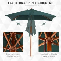 Outsunny Ombrellone da Giardino 2x1.5 m Inclinabile a 6 Stecche con Palo in Legno e Apertura a Corda, Verde(m-6)