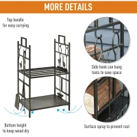 Outsunny Metal Firewood Log Holder 2 Tier Firewood Rack Indoor Outdoor Fireplace Wood Storage Shelf with 4 Tools, Hooks, Elk Shape Design, Black Gold Tone, 51.5W x 33D x 77H cm(m-4)