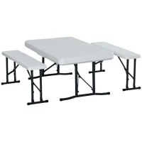 Outsunny Conjunto Mesa y 2 Bancos Plegables de Jardín Muebles para Camping Picnic Multiusos Mesa de 103x63x76 cm y Asiento de 84,5x20x40 cm Blanco(m-10)