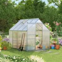 Outsunny Invernadero Policarbonato Aluminio de Jardín 190x253x199 cm 4,8m² Caseta de Exterior con Base Puerta Corredera y Tragaluce para Cultivo Plantas Semillas Transparente(m-2)