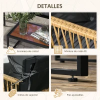 Outsunny Juego de 4 Piezas Muebles de Terraza con 1 Sofá de 2 Plazas 2 Sillones y 1 Mesa de Centro con Encimera de Cristal Gris(m-6)