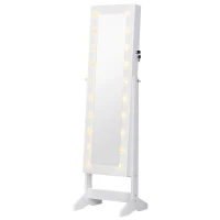 HOMCOM Espejo Joyero con 20 Luces LED Armario Joyero Reclinable con Guardajoyas Anillos Pendientes Collares 40x37x146 cm Blanco(m-1)