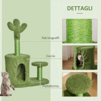 PawHut Albero Tiragraffi per Gatti Fino 4.5kg a Forma di Cactus con Palline e Cuccia, 60x35x78cm - Verde(m-5)