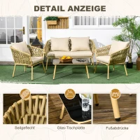 Outsunny Gartenmöbel-Set, 4-teilig, Tisch mit Glasplatte, inkl. Sitzkissen, wetterfest, Khaki(m-6)