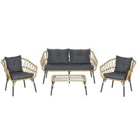 Outsunny Ensemble salon de jardin 4 pièces 7 coussins - acier et résine imitation rotin - sable et gris foncé(m-10)